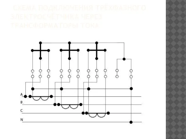 СХЕМА ПОДКЛЮЧЕНИЯ ТРЁХФАЗНОГО ЭЛЕКТРОСЧЁТЧИКА ЧЕРЕЗ ТРАНСФОРМАТОРЫ ТОКА