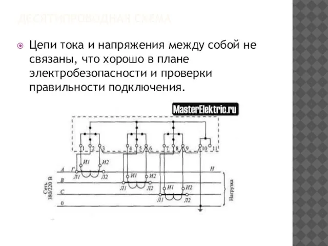 ДЕСЯТИПРОВОДНАЯ СХЕМА Цепи тока и напряжения между собой не связаны, что хорошо