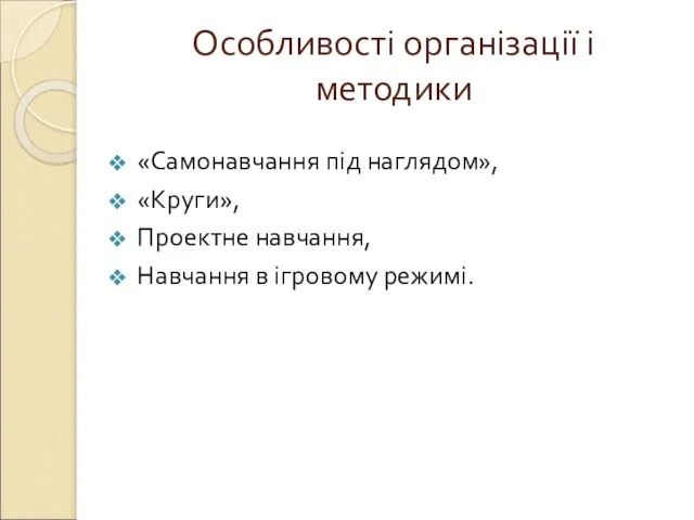 Особливості організації і методики «Самонавчання під наглядом», «Круги», Проектне навчання, Навчання в ігровому режимі.