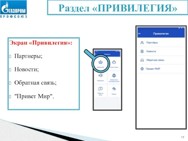 Экран «Привилегия»: Партнеры; Новости; Обратная связь; "Привет Мир". Раздел «ПРИВИЛЕГИЯ»