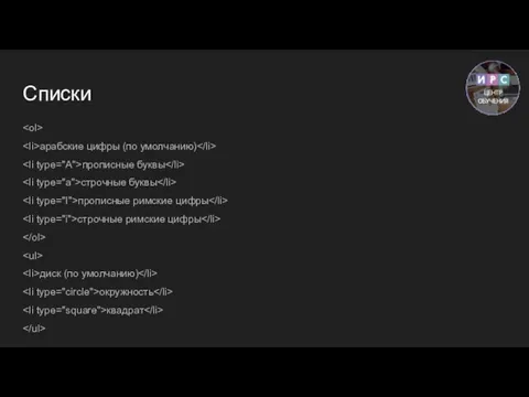 Списки арабские цифры (по умолчанию) прописные буквы строчные буквы прописные римские цифры