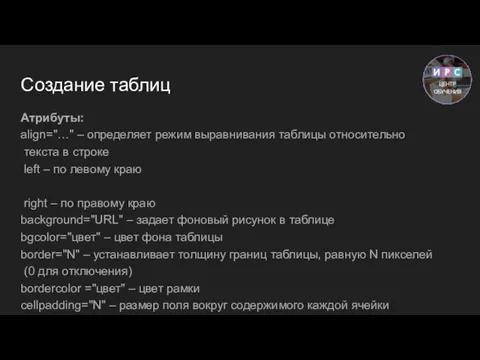 Создание таблиц Атрибуты: align="…" – определяет режим выравнивания таблицы относительно текста в