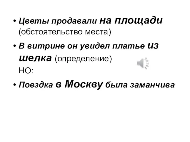 Цветы продавали на площади (обстоятельство места) В витрине он увидел платье из