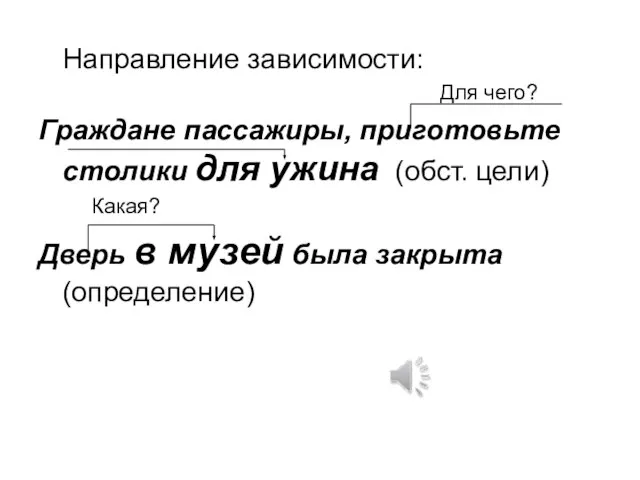 Направление зависимости: Для чего? Граждане пассажиры, приготовьте столики для ужина (обст. цели)