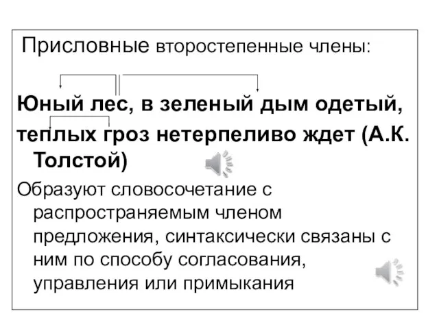 Присловные второстепенные члены: Юный лес, в зеленый дым одетый, теплых гроз нетерпеливо