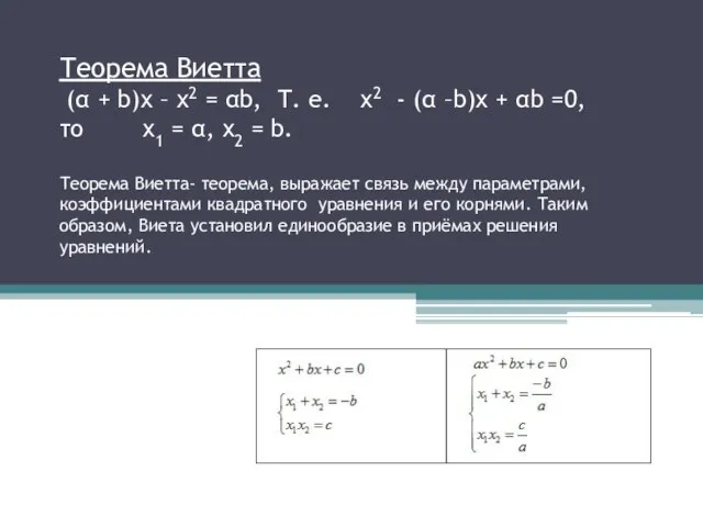 Теорема Виетта (α + b)x – x2 = αb, Т. е. x2