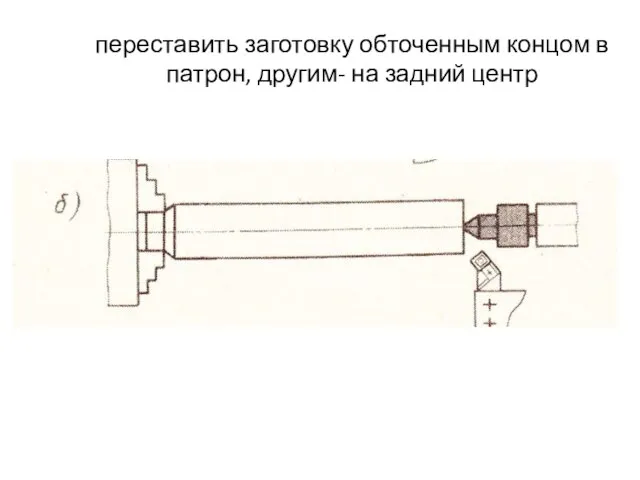 переставить заготовку обточенным концом в патрон, другим- на задний центр