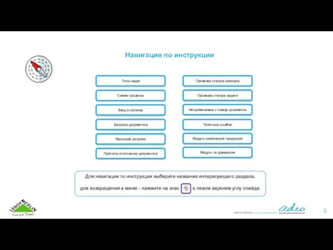 Навигация по инструкции Вход в систему Загрузка документов Схема процесса Типы задач