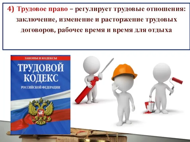 4) Трудовое право – регулирует трудовые отношения: заключение, изменение и расторжение трудовых