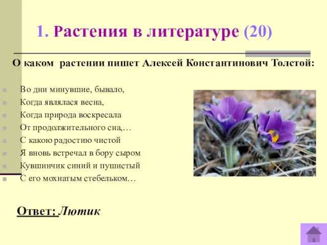 1. Растения в литературе (20) Ответ: Лютик О каком растении пишет Алексей