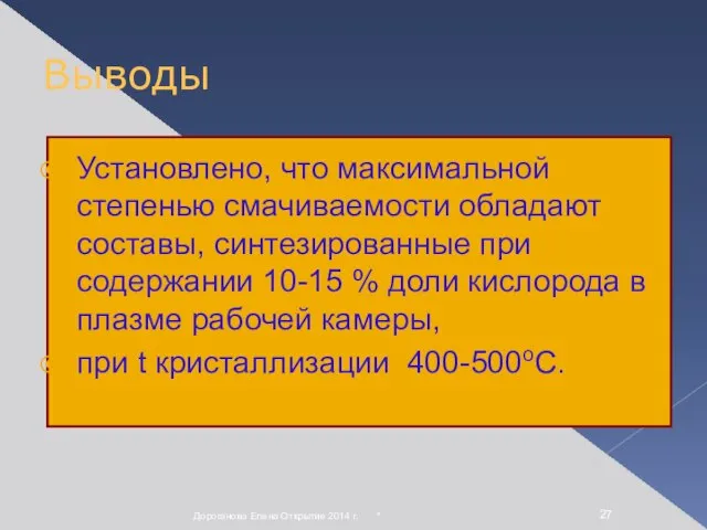 Выводы Установлено, что максимальной степенью смачиваемости обладают составы, синтезированные при содержании 10-15