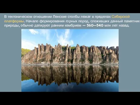 В тектоническом отношении Ленские столбы лежат в пределах Сибирской платформы. Начало формирования