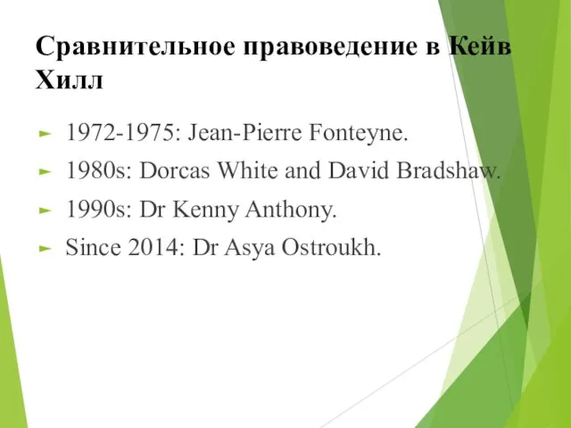 Сравнительное правоведение в Кейв Хилл 1972-1975: Jean-Pierre Fonteyne. 1980s: Dorcas White and