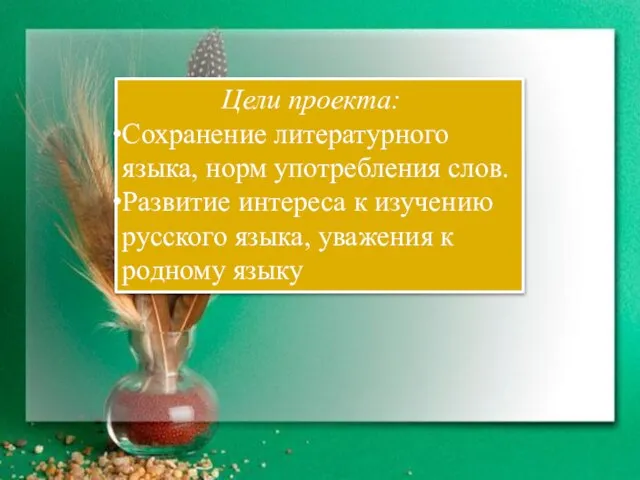 Цели проекта: Сохранение литературного языка, норм употребления слов. Развитие интереса к изучению