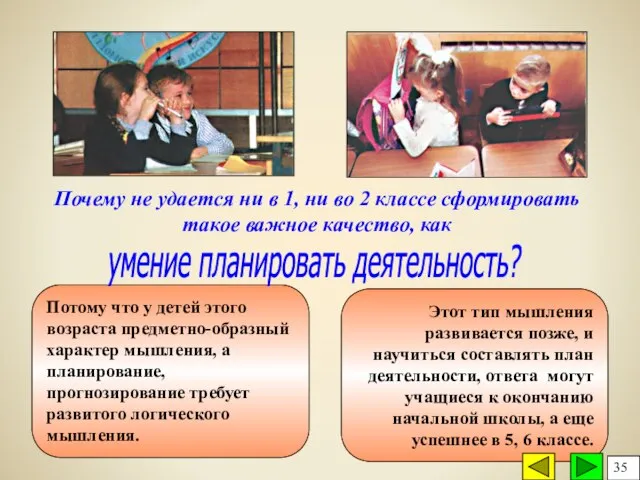 Потому что у детей этого возраста предметно-образный характер мышления, а планирование, прогнозирование