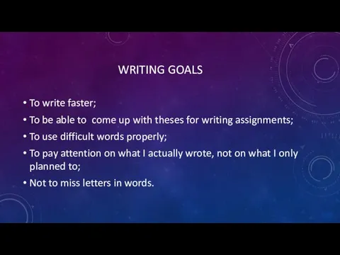 WRITING GOALS To write faster; To be able to come up with