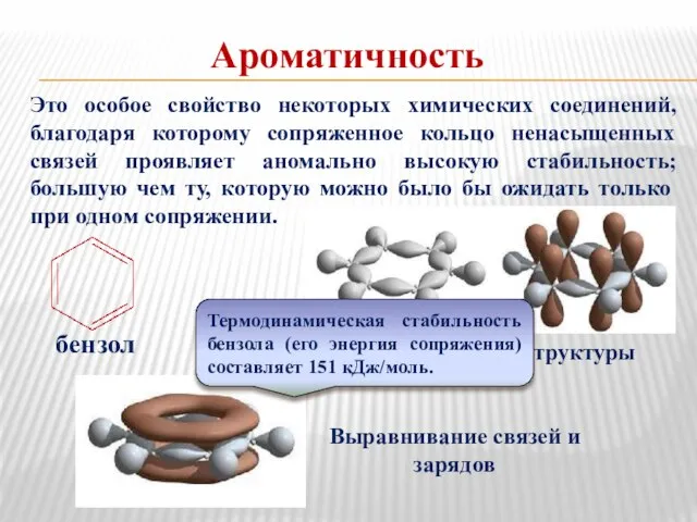 Ароматичность Это особое свойство некоторых химических соединений, благодаря которому сопряженное кольцо ненасыщенных