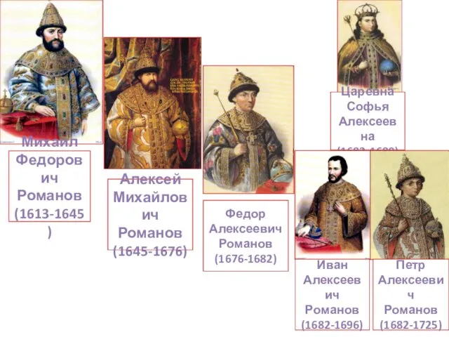 Михаил Федорович Романов (1613-1645) Алексей Михайлович Романов (1645-1676) Федор Алексеевич Романов (1676-1682)
