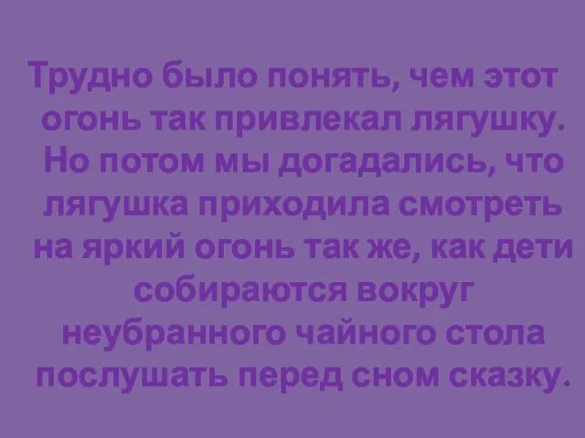 Трудно было понять, чем этот огонь так привлекал лягушку. Но потом мы