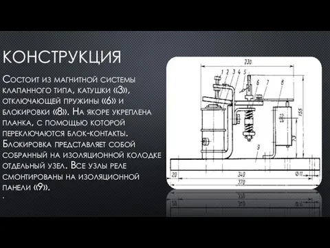 КОНСТРУКЦИЯ Состоит из магнитной системы клапанного типа, катушки «3», отключающей пружины «6»