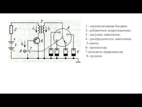 1 - аккумуляторная батарея; 2- добавочное сопротивление; 3 - катушка зажигания; 4