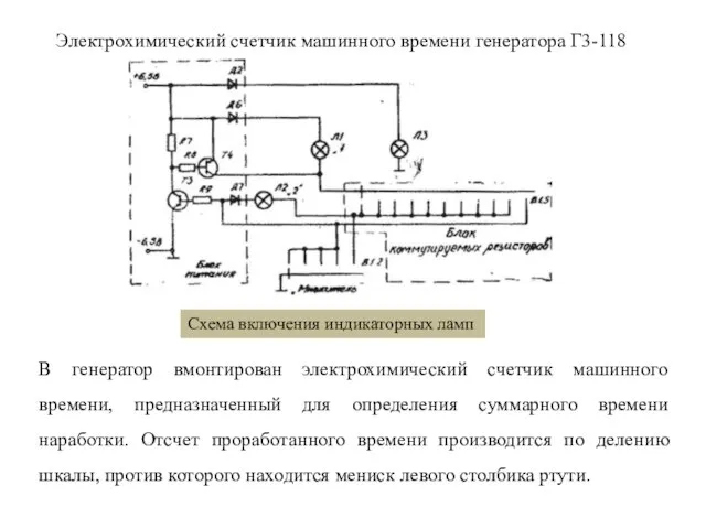 Электрохимический счетчик машинного времени генератора Г3-118 В генератор вмонтирован электрохимический счетчик машинного