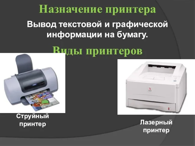 Вывод текстовой и графической информации на бумагу. Назначение принтера Виды принтеров Лазерный принтер Струйный принтер