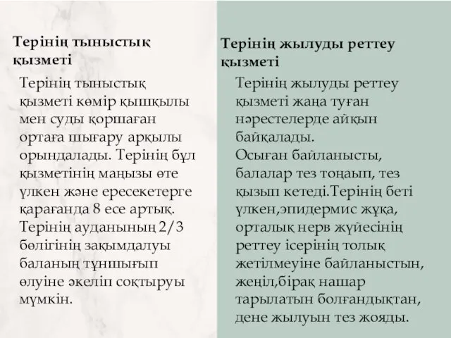 Терінің тыныстық қызметі Терінің тыныстық қызметі көмір қышқылы мен суды қоршаған ортаға