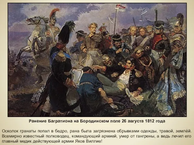 Ранение Багратиона на Бородинском поле 26 августа 1812 года Осколок гранаты попал
