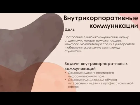 Внутрикорпоративные коммуникации Цель Построение единой коммуникации между студентами, которая поможет создать комфортную