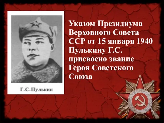 Указом Президиума Верховного Совета ССР от 15 января 1940 Пулькину Г.С. присвоено звание Героя Советского Союза