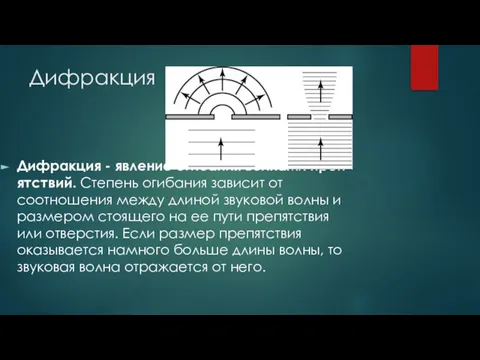 Дифракция Дифракция - явление огибания волнами препятствий. Степень огибания зависит от соотношения