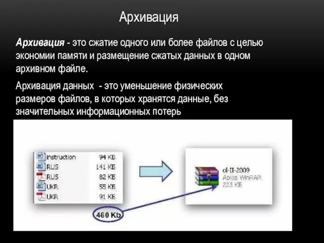 Архивация - это сжатие одного или более файлов с целью экономии памяти