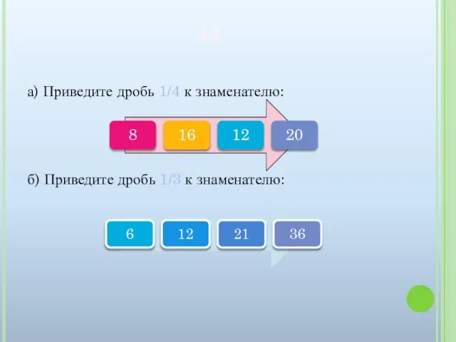 12 а) Приведите дробь 1/4 к знаменателю: б) Приведите дробь 1/3 к знаменателю: