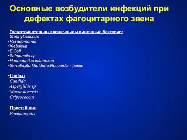 Основные возбудители инфекций при дефектах фагоцитарного звена Грамотрицательные кишечные и пиогенные бактерии: