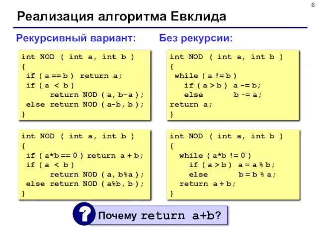 Реализация алгоритма Евклида Рекурсивный вариант: Без рекурсии: int NOD ( int a,