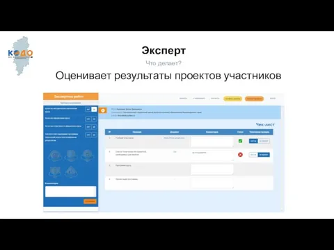 Эксперт Что делает? Оценивает результаты проектов участников