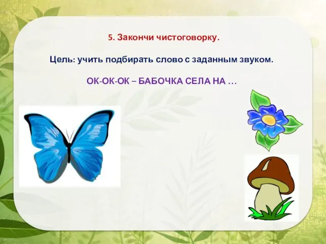 5. Закончи чистоговорку. Цель: учить подбирать слово с заданным звуком. ОК-ОК-ОК – БАБОЧКА СЕЛА НА …