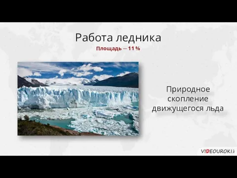 Работа ледника Природное скопление движущегося льда Площадь ─ 11 %