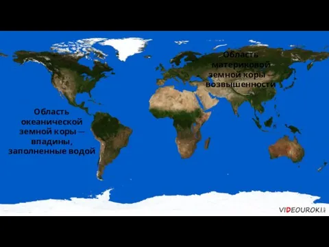 Область океанической земной коры ─ впадины, заполненные водой Область материковой земной коры ─ возвышенности