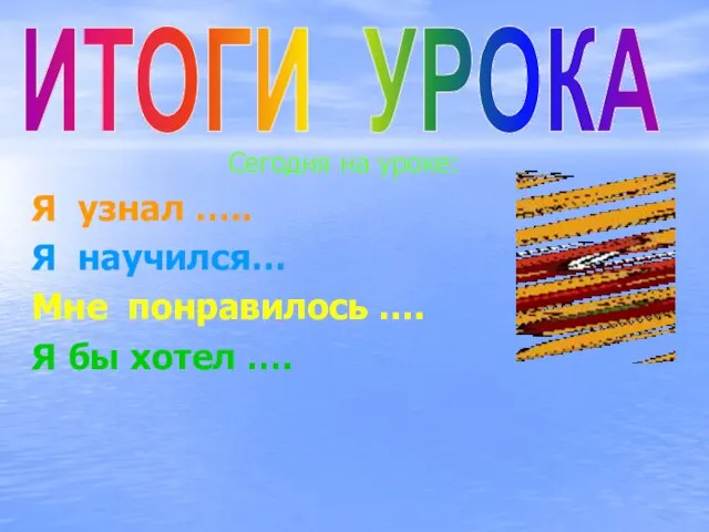 Сегодня на уроке: Я узнал ….. Я научился… Мне понравилось …. Я