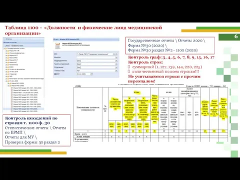 6 Таблица 1100 - «Должности и физические лица медицинской организации» Государственные отчеты