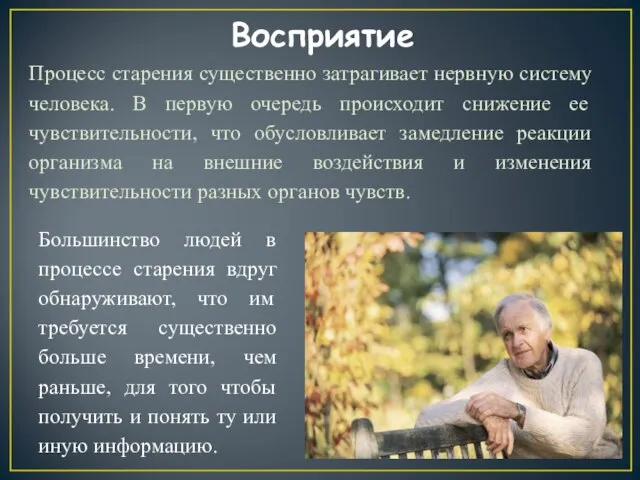 Процесс старения существенно затрагивает нервную систему человека. В первую очередь происходит снижение