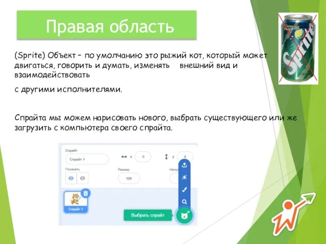 Правая область (Sprite) Объект – по умолчанию это рыжий кот, который может