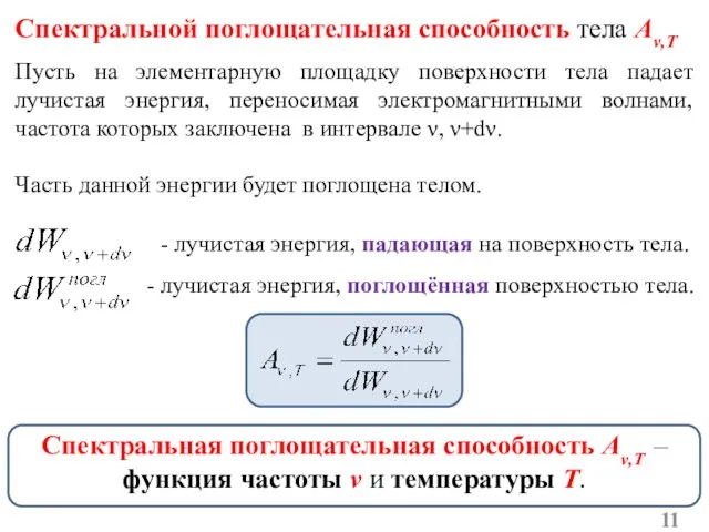 Спектральной поглощательная способность тела Aν,T Спектральная поглощательная способность Aν,T – функция частоты