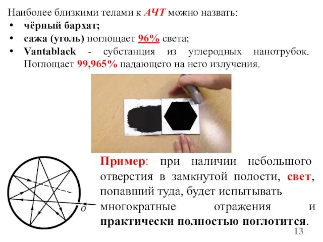 Наиболее близкими телами к АЧТ можно назвать: чёрный бархат; сажа (уголь) поглощает