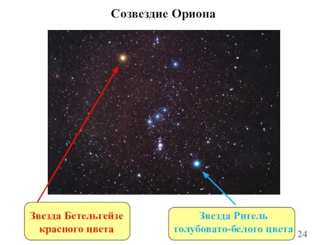 Созвездие Ориона Звезда Бетельгейзе красного цвета Звезда Ригель голубовато-белого цвета