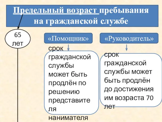 Предельный возраст пребывания на гражданской службе 65 лет «Помощник» «Руководитель» срок гражданской