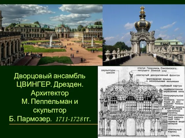 Дворцовый ансамбль ЦВИНГЕР. Дрезден. Архитектор М. Пеппельман и скульптор Б. Пармозер. 1711-1728 гг.