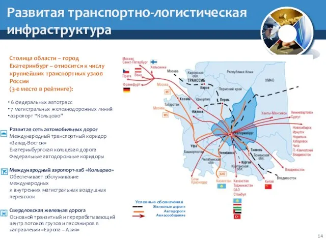 Развитая транспортно-логистическая инфраструктура Столица области – город Екатеринбург – относится к числу